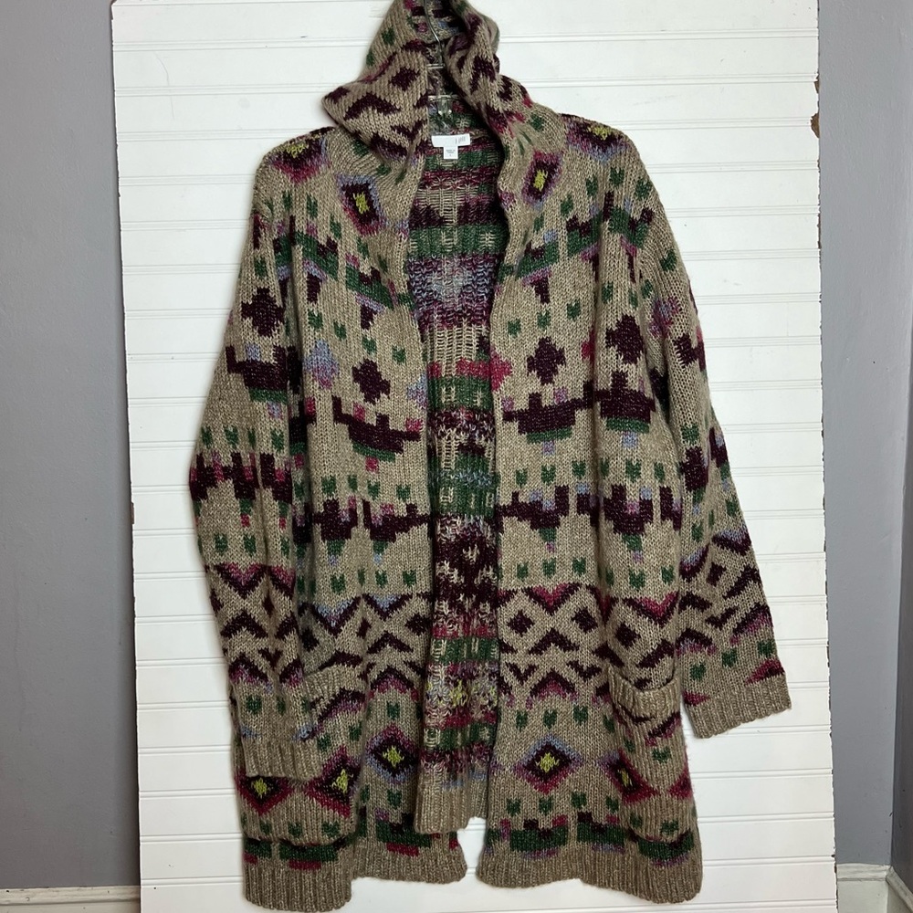 J. Jill  Lenox Topper Aztec Sweater Hooded Duster Cardigan Size L